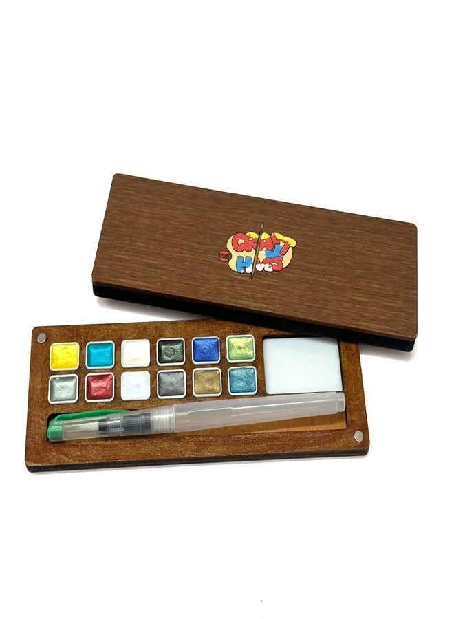 The Crafthives Metallic Watercolour Palette, Wooden Case with Magnetic Pans (Large) - Image 1